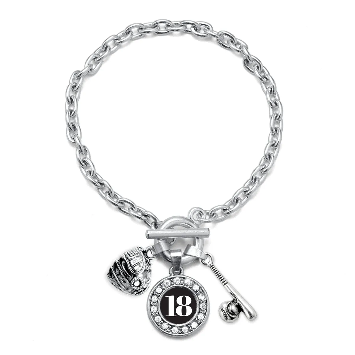 Silver Baseball/Softball - Sports Number 18 Circle Charm Toggle Bracelet