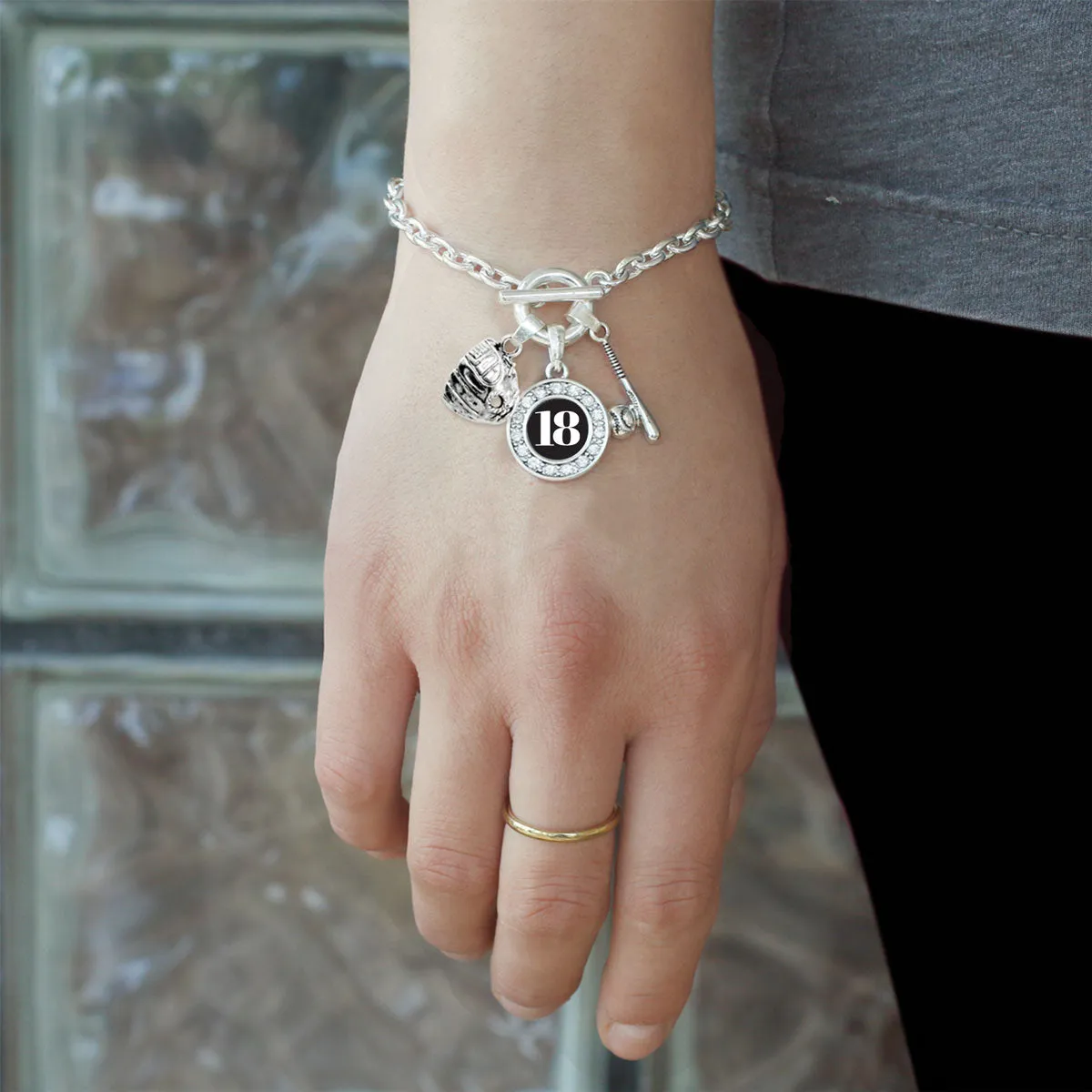 Silver Baseball/Softball - Sports Number 18 Circle Charm Toggle Bracelet