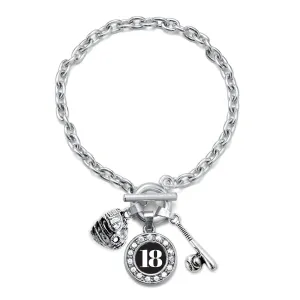 Silver Baseball/Softball - Sports Number 18 Circle Charm Toggle Bracelet