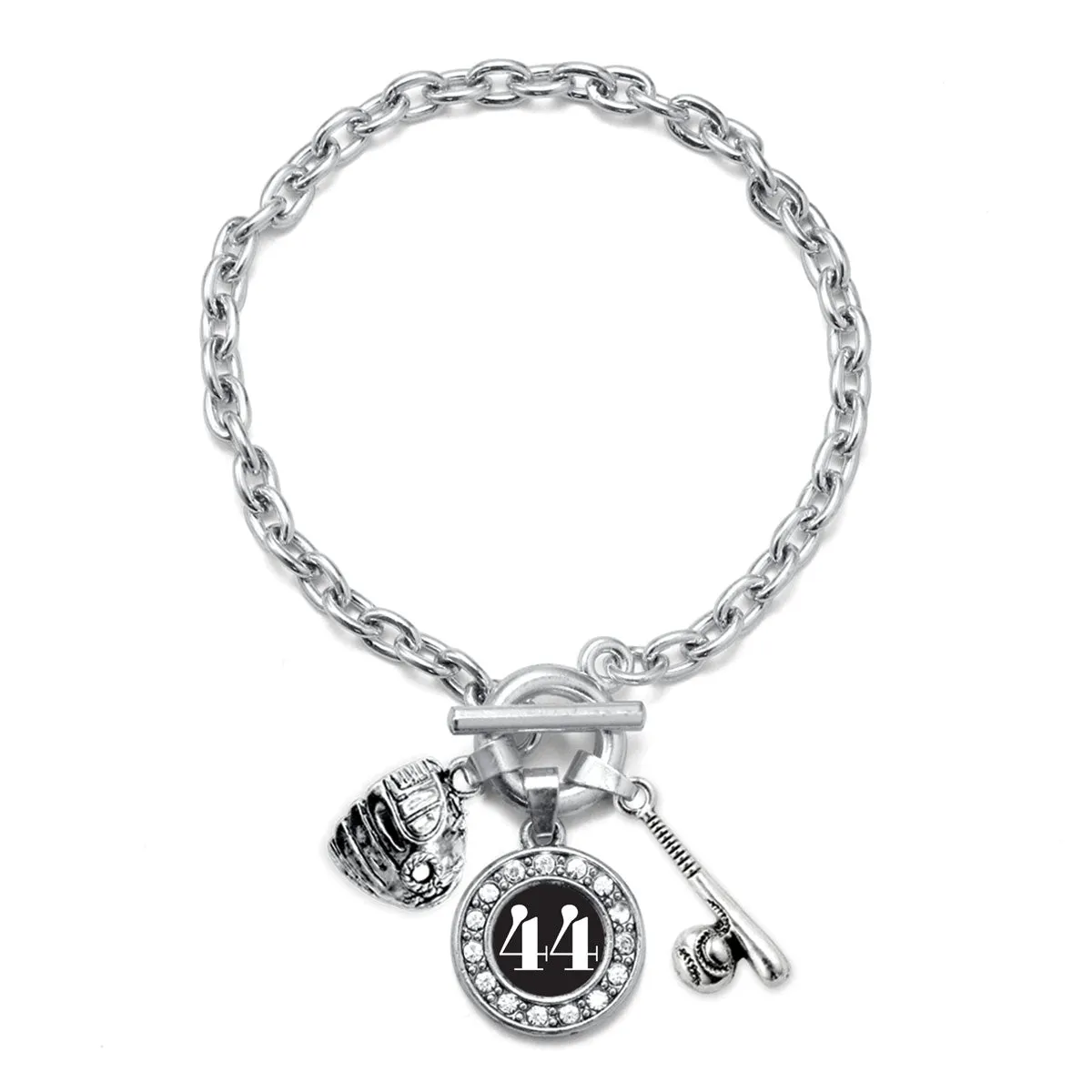 Silver Baseball/Softball - Sports Number 44 Circle Charm Toggle Bracelet