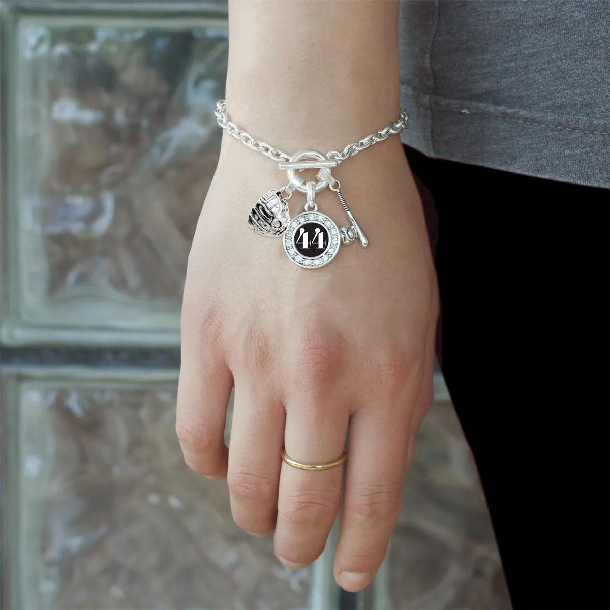 Silver Baseball/Softball - Sports Number 44 Circle Charm Toggle Bracelet