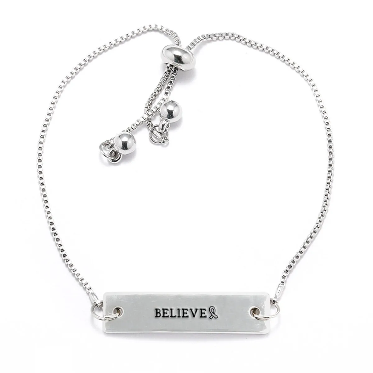 Silver Believe Ribbon Adjustable Bar Bracelet