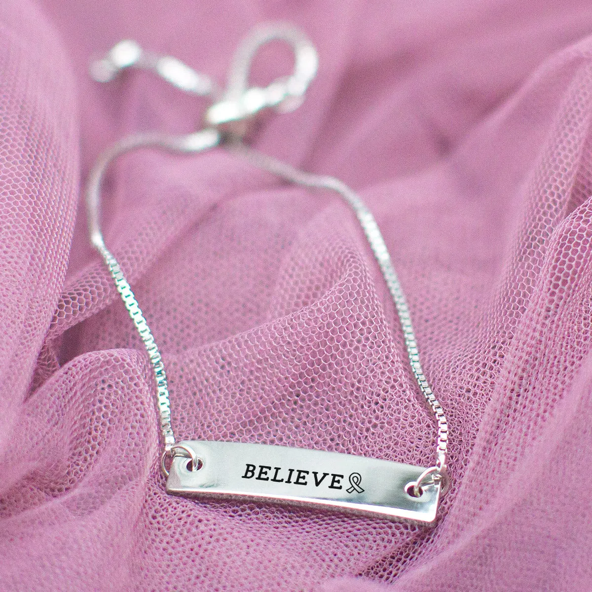 Silver Believe Ribbon Adjustable Bar Bracelet