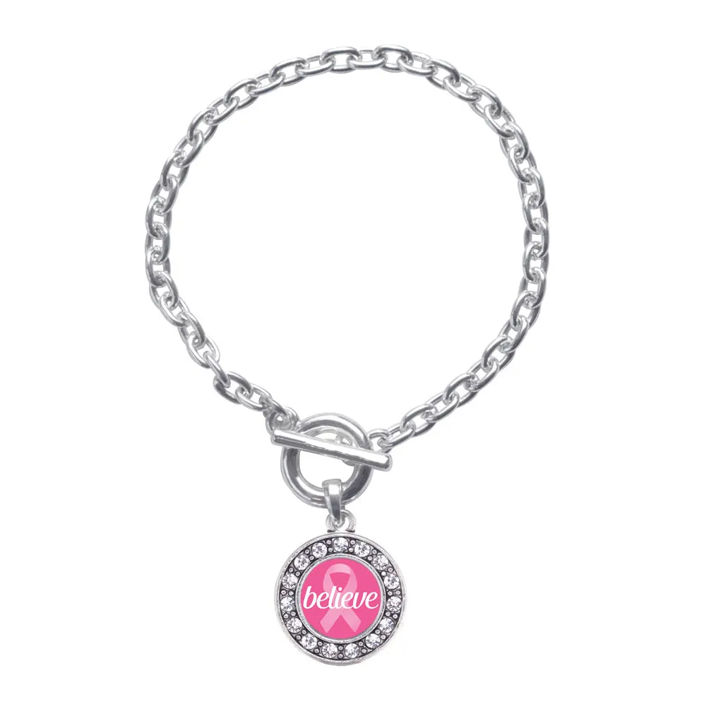 Silver Believe Ribbon Breast Cancer Awareness Circle Charm Toggle Bracelet