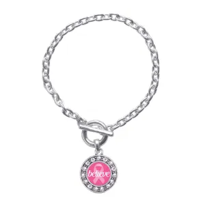 Silver Believe Ribbon Breast Cancer Awareness Circle Charm Toggle Bracelet