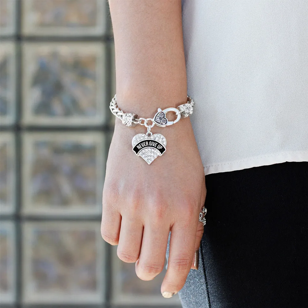 Silver Black Banner Never Give Up Pave Heart Charm Braided Bracelet