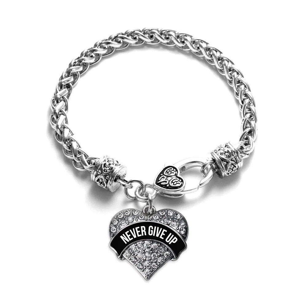 Silver Black Banner Never Give Up Pave Heart Charm Braided Bracelet