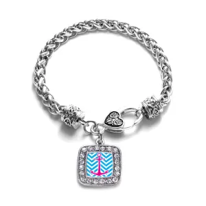Silver Blue Chevron Pink Anchor Square Charm Braided Bracelet