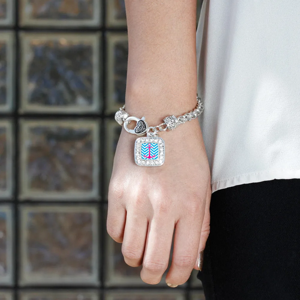 Silver Blue Chevron Pink Anchor Square Charm Braided Bracelet