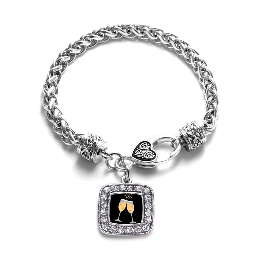 Silver Champagne Cheers Square Charm Braided Bracelet