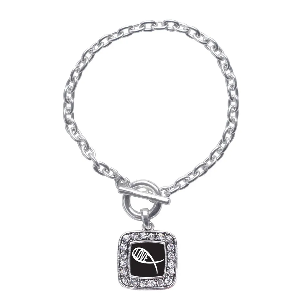 Silver Christian Fish Love Square Charm Toggle Bracelet