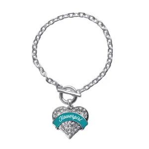 Silver Dark Teal Flower Girl Pave Heart Charm Toggle Bracelet