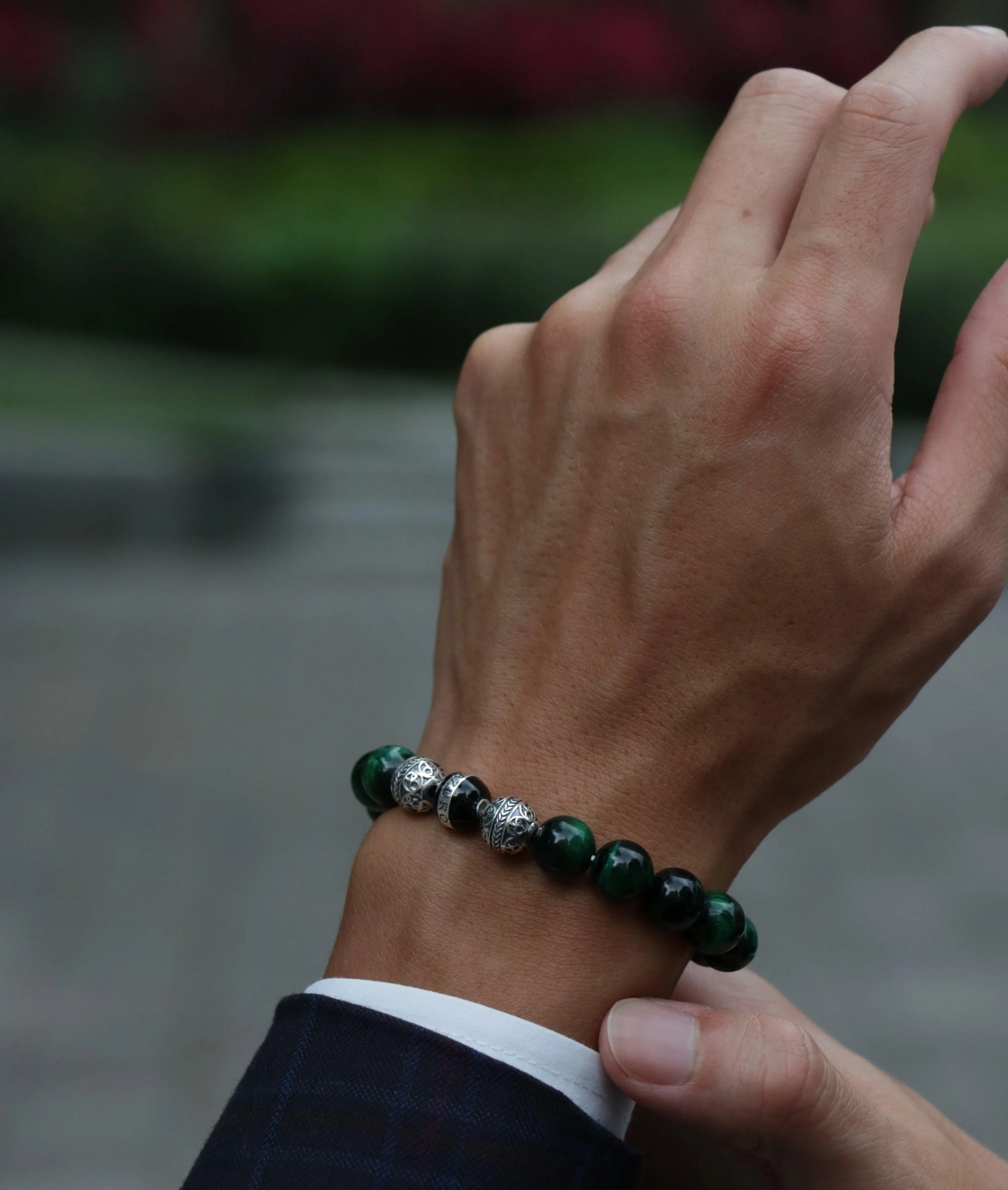 SILVER ENAMEL GREEN TIGER EYE BRACELET
