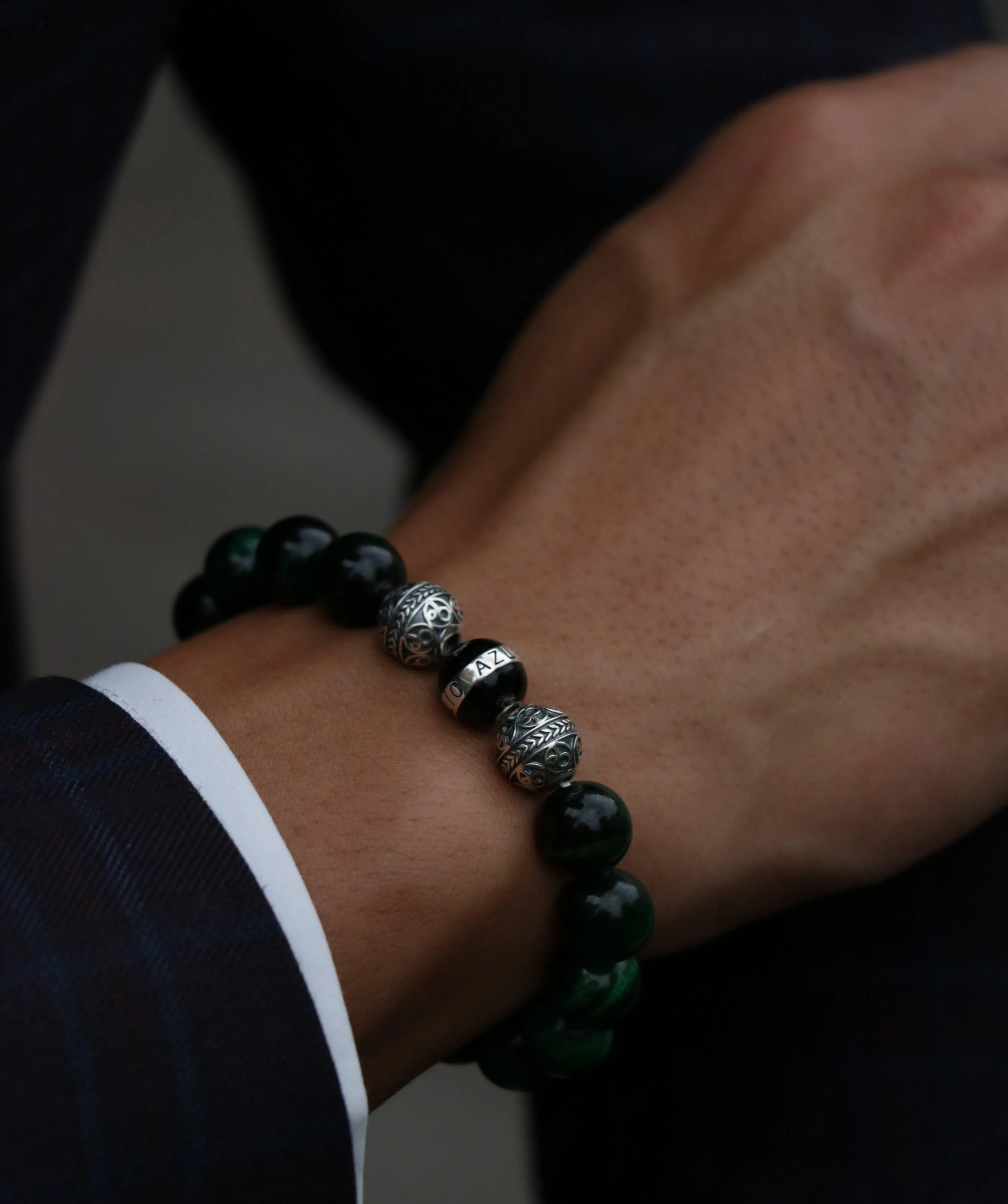 SILVER ENAMEL GREEN TIGER EYE BRACELET
