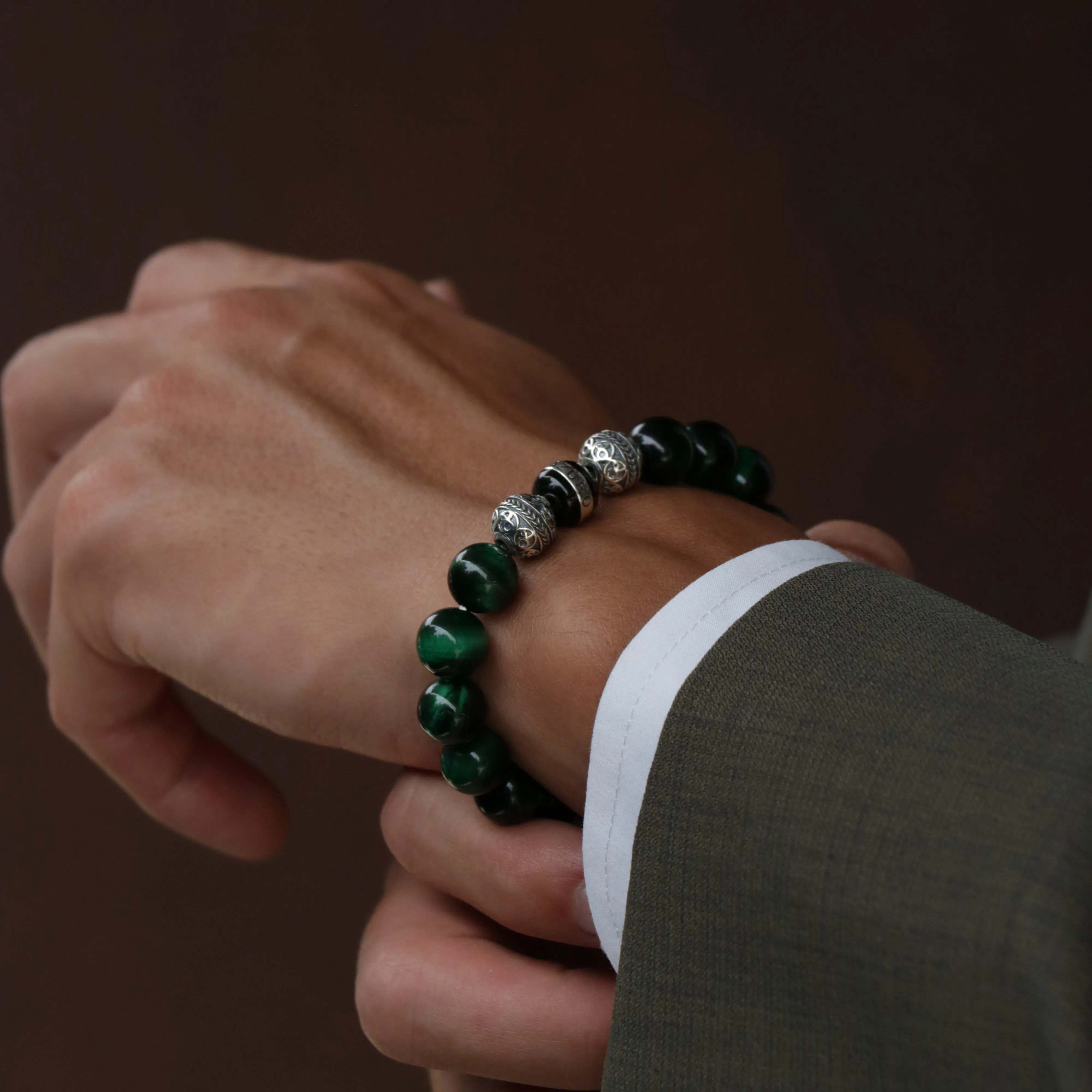 SILVER ENAMEL GREEN TIGER EYE BRACELET