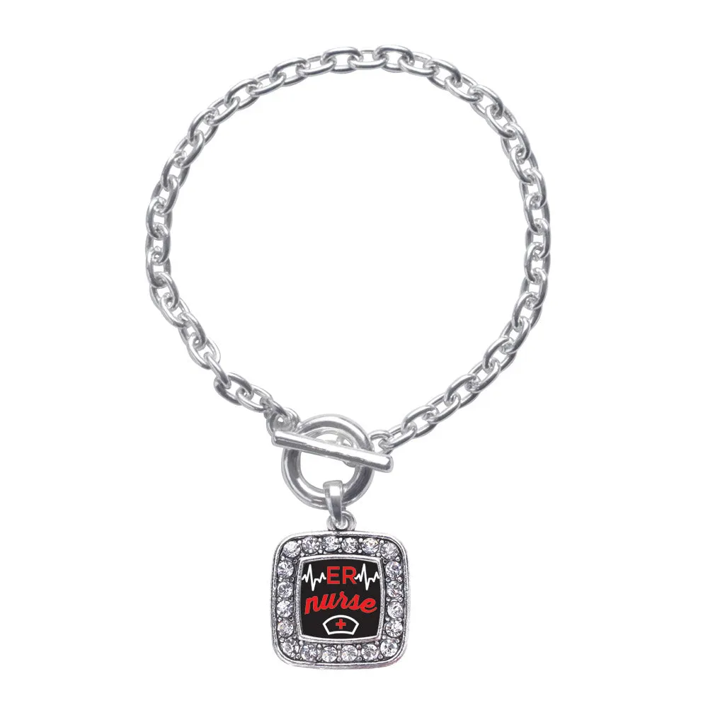 Silver ER Nurse Square Charm Toggle Bracelet