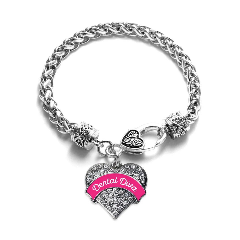 Silver Fuchsia Dental Diva Pave Heart Charm Braided Bracelet