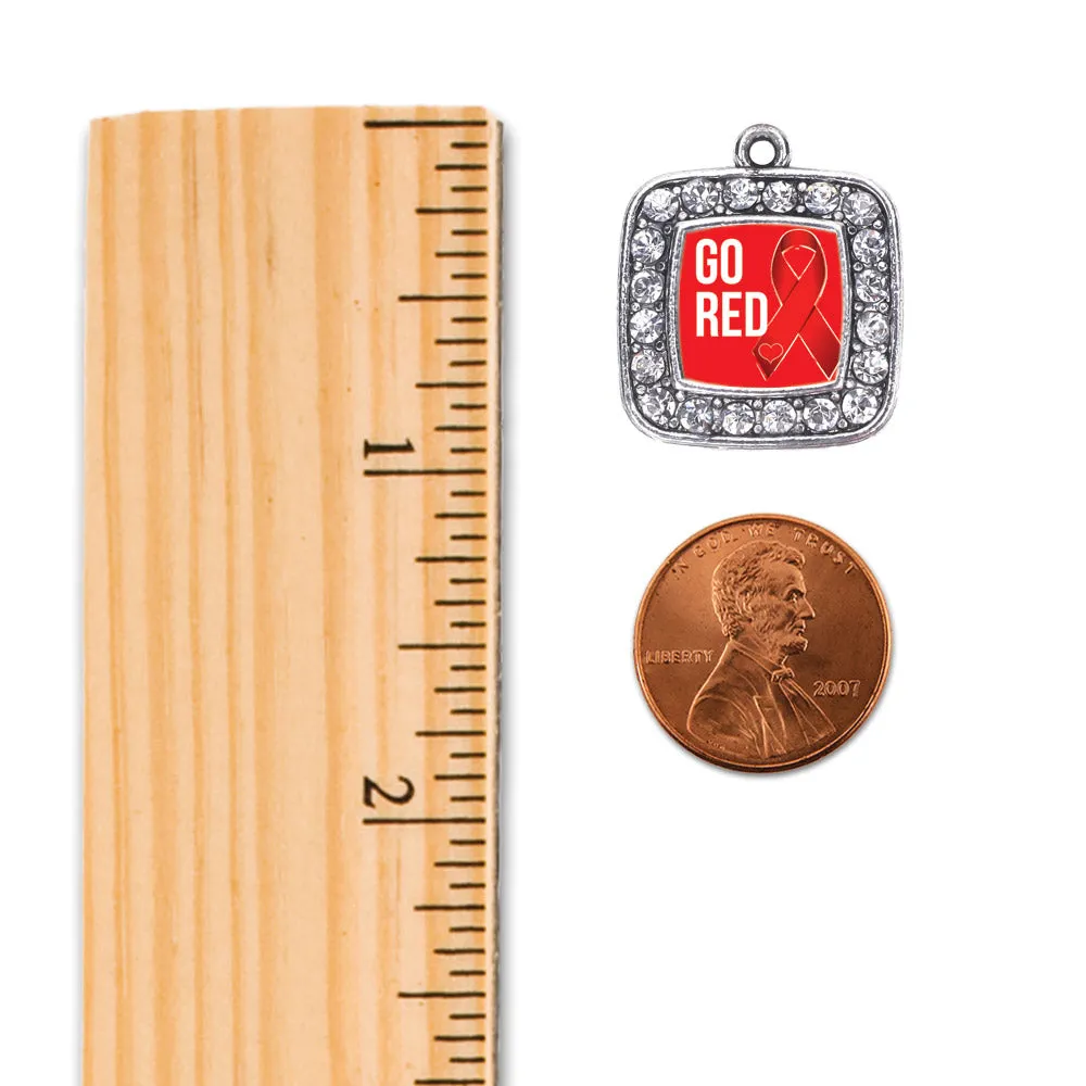 Silver Go Red Heart Disease Awareness Square Charm Braided Bracelet
