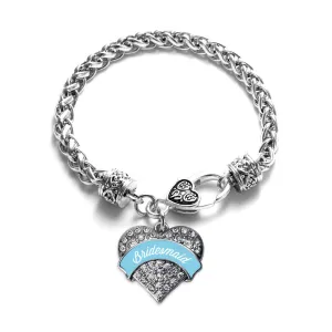 Silver Light Blue Bridesmaid Pave Heart Charm Braided Bracelet