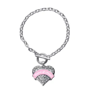 Silver Light Pink Matron Pave Heart Charm Toggle Bracelet