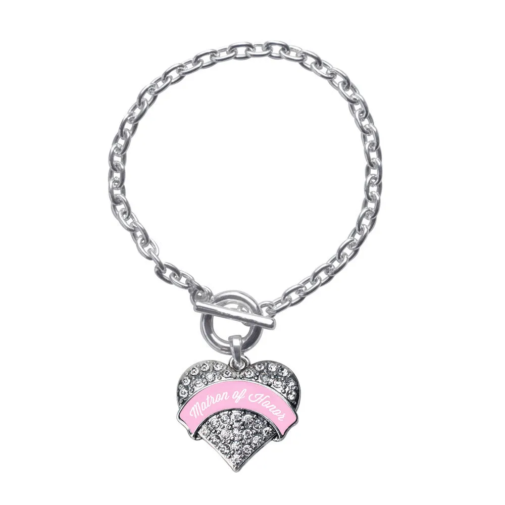 Silver Light Pink Matron Pave Heart Charm Toggle Bracelet