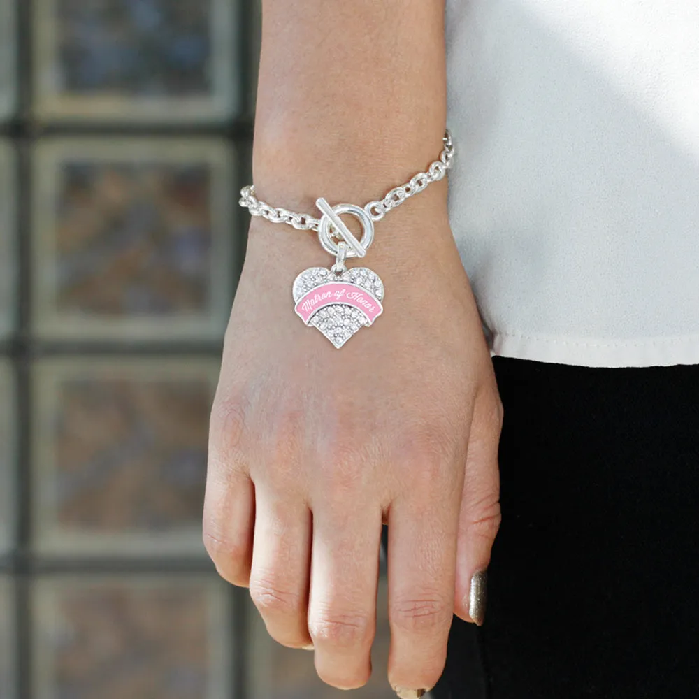 Silver Light Pink Matron Pave Heart Charm Toggle Bracelet