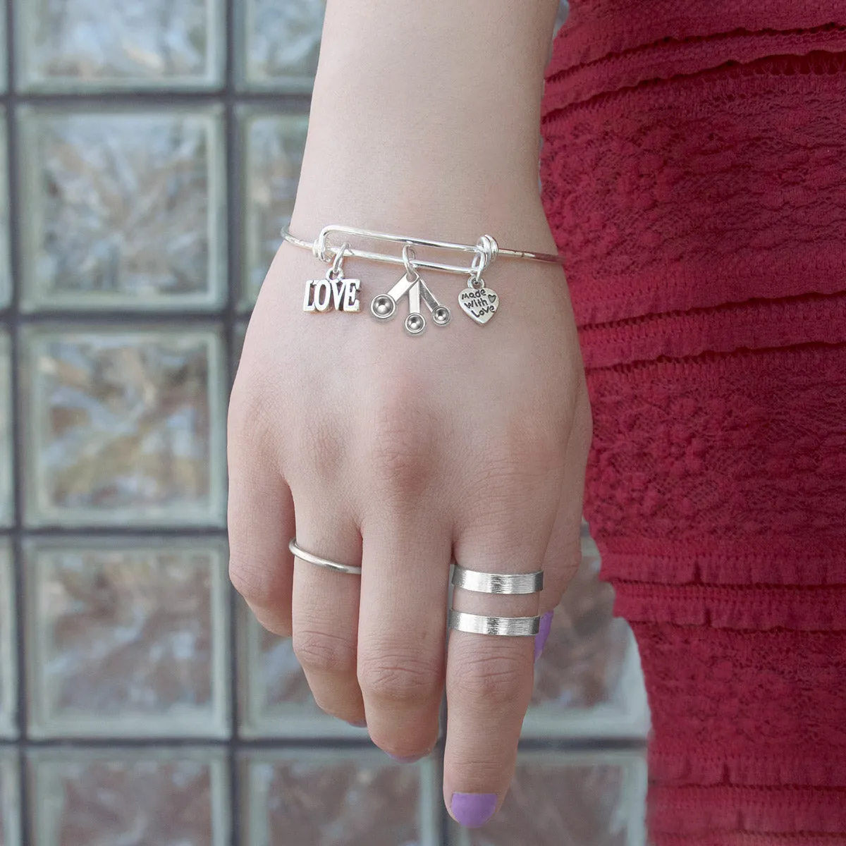 Silver Measuring Spoons Charm Wire Bangle Bracelet