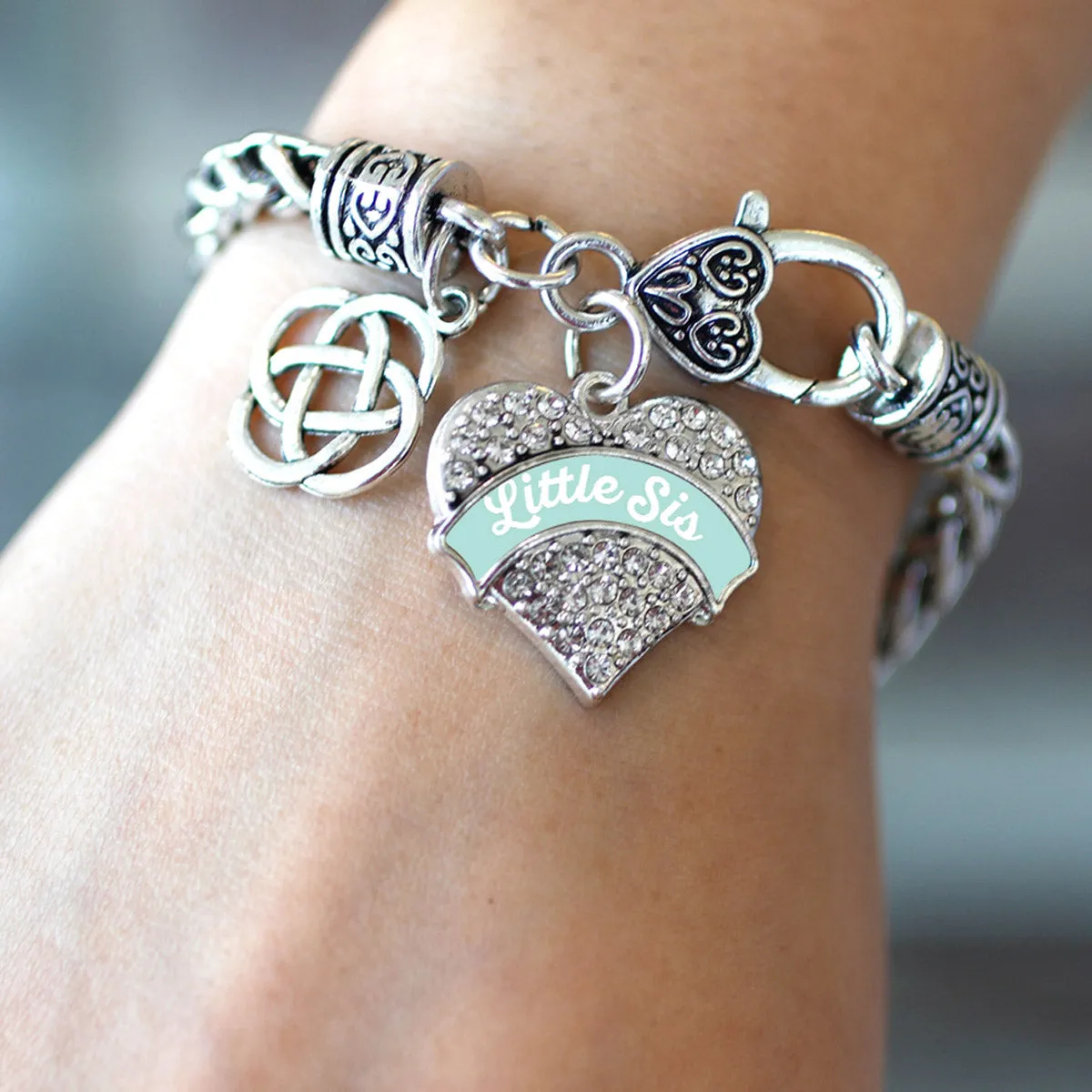Silver Mint Little Sis Celtic Knot Pave Heart Charm Braided Bracelet