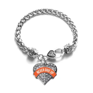 Silver Orange Banner Never Give up Pave Heart Charm Braided Bracelet