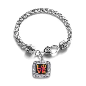 Silver Peace And Love Square Charm Braided Bracelet