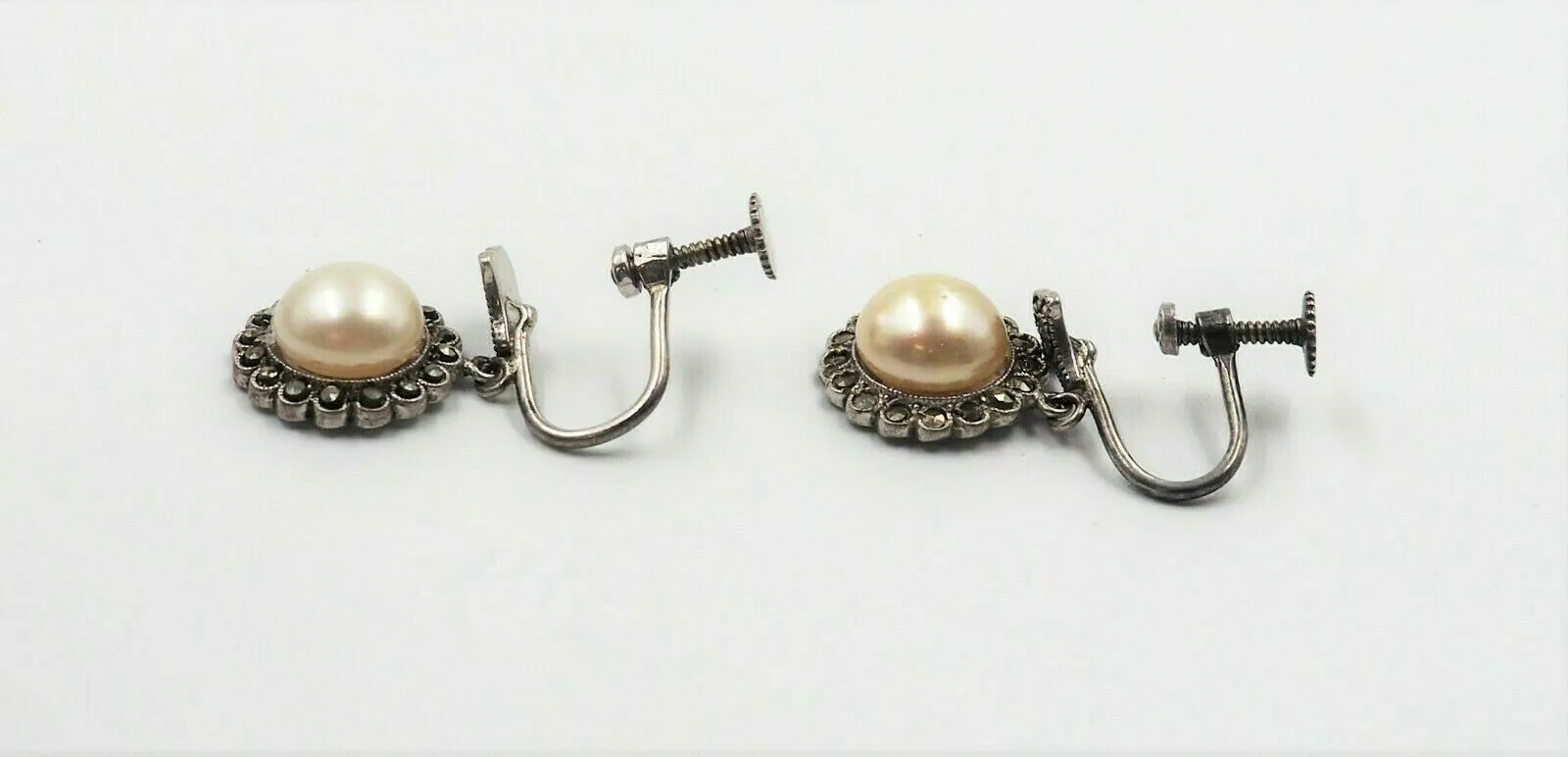 Silver Pearl Marcasite Drop Earrings