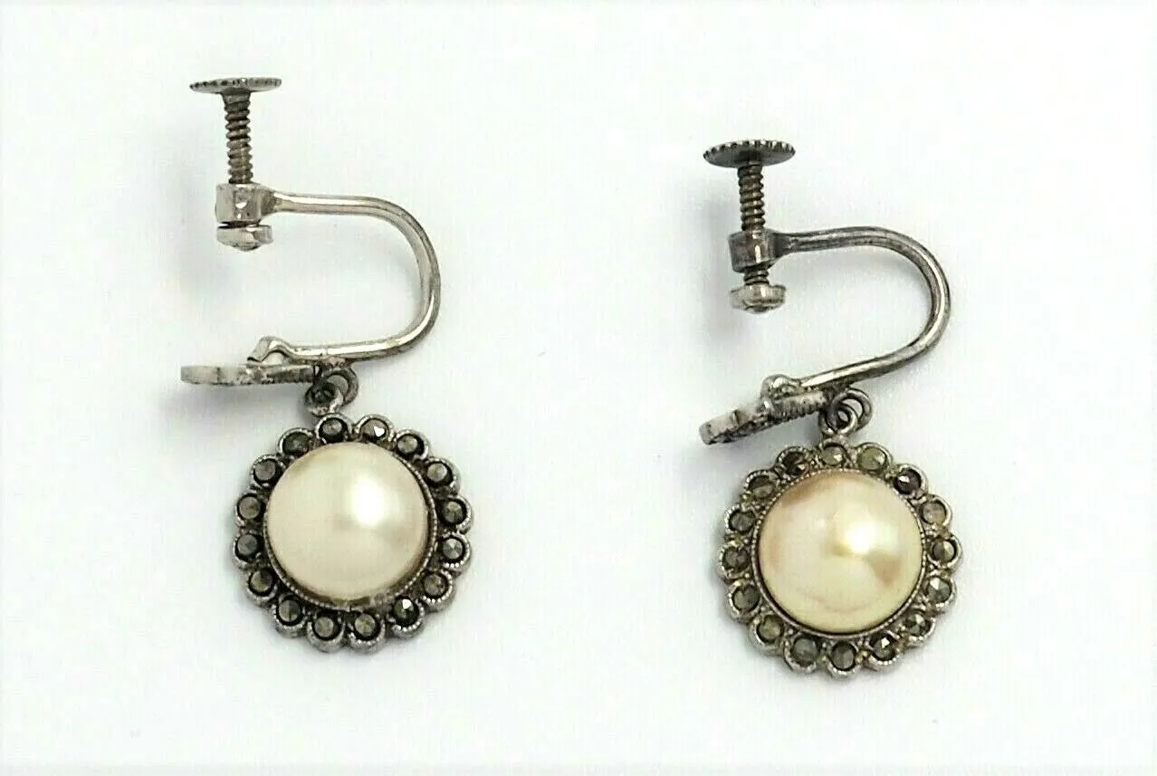 Silver Pearl Marcasite Drop Earrings