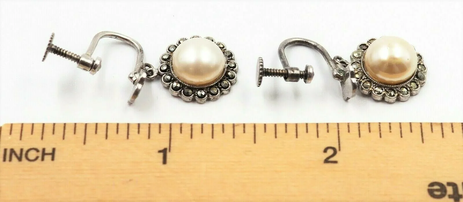 Silver Pearl Marcasite Drop Earrings