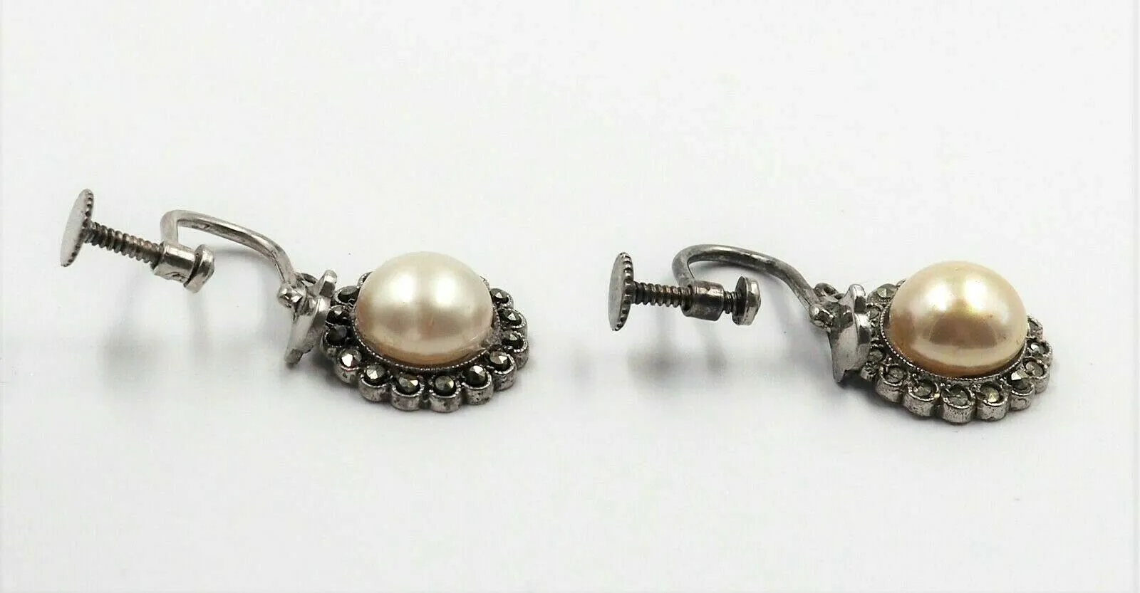 Silver Pearl Marcasite Drop Earrings