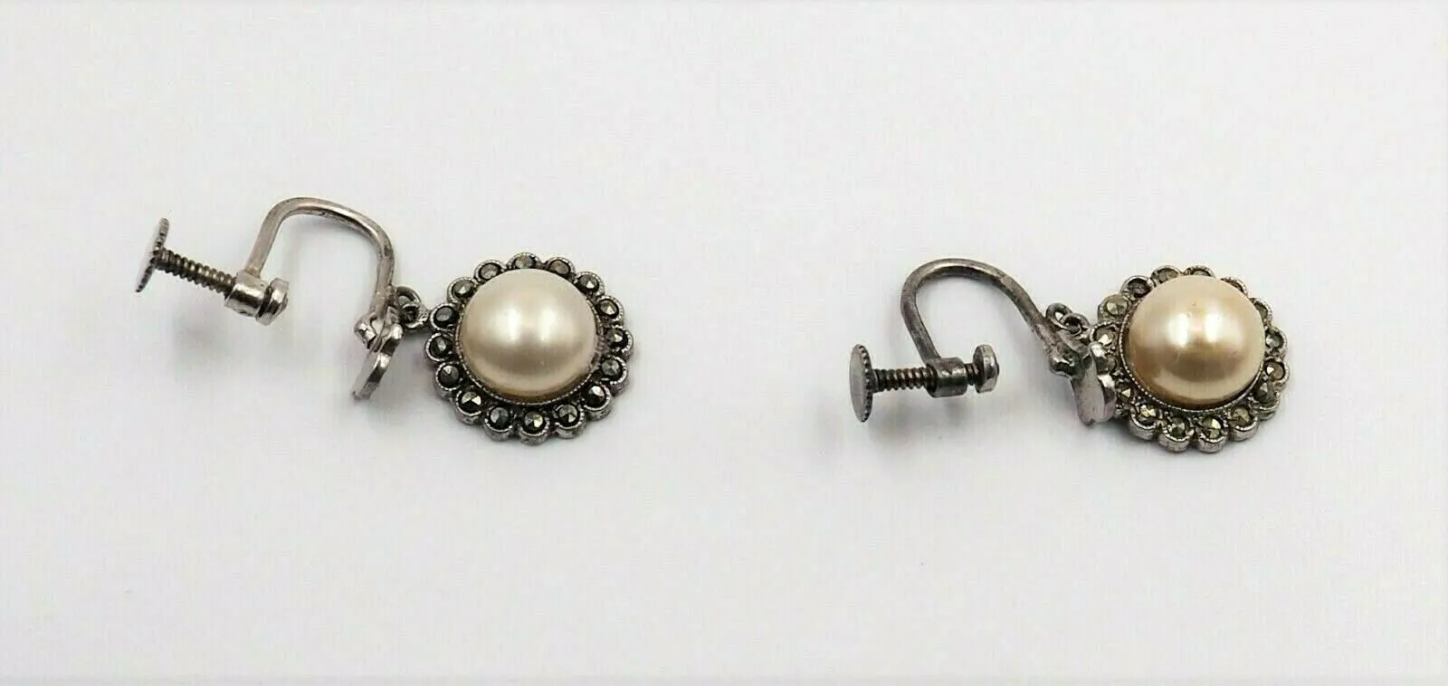 Silver Pearl Marcasite Drop Earrings