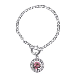 Silver Peony Flower Circle Charm Toggle Bracelet