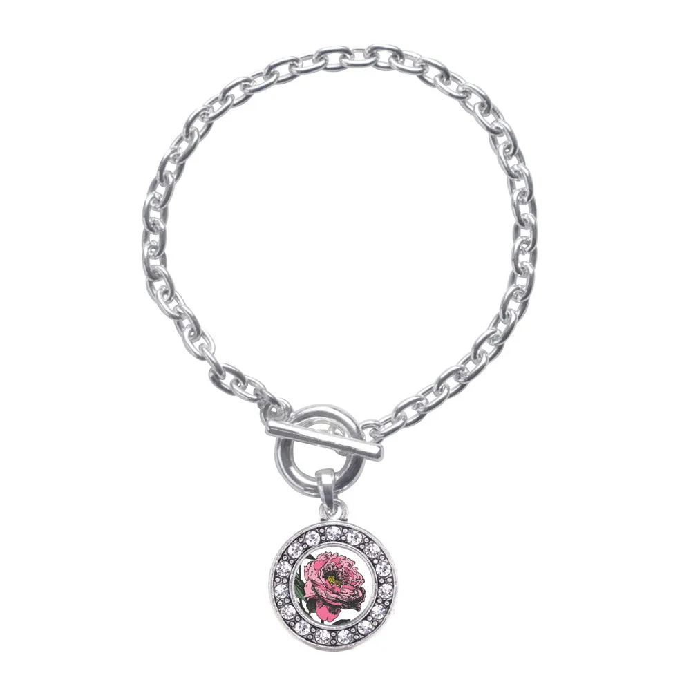 Silver Peony Flower Circle Charm Toggle Bracelet