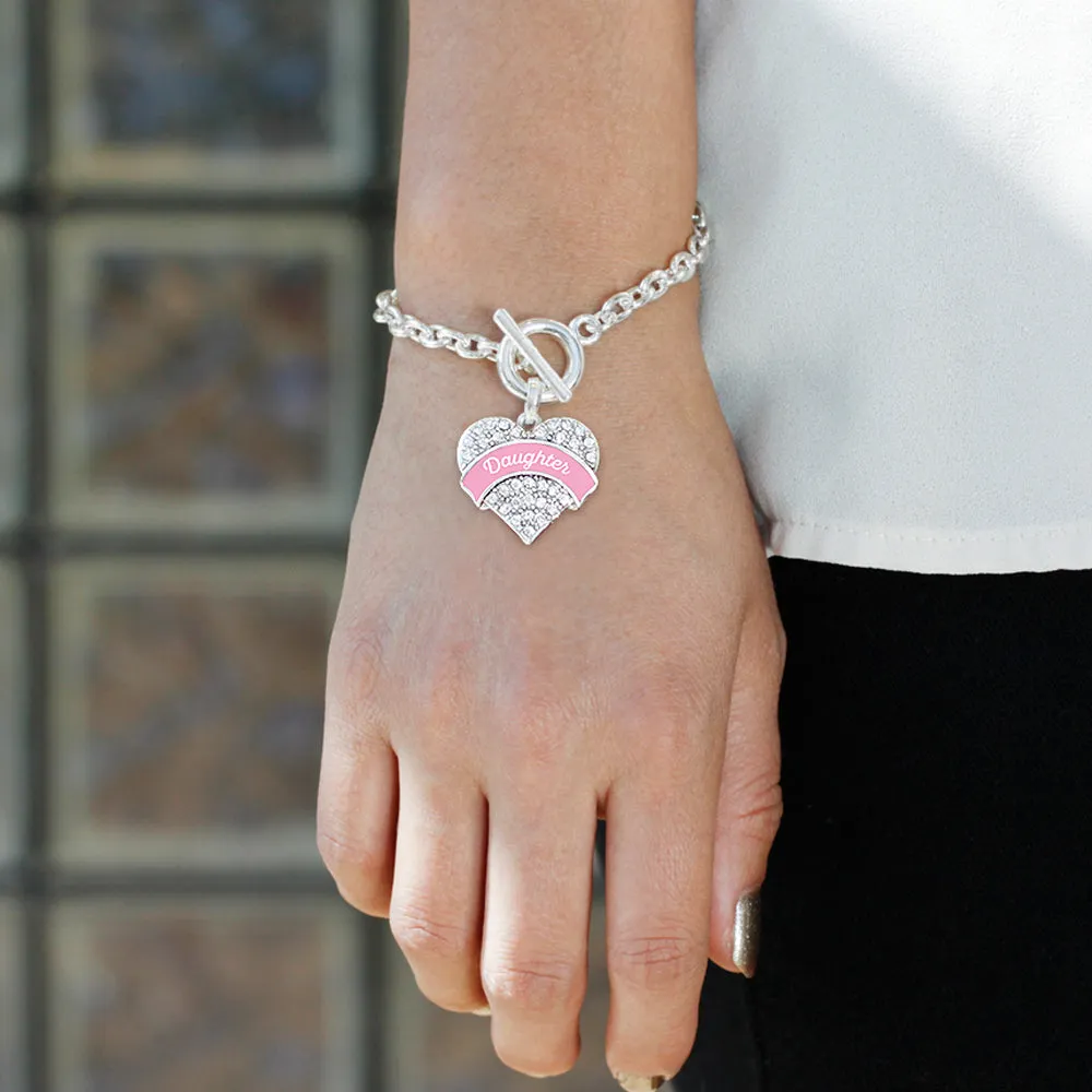 Silver Pink Daughter Pave Heart Charm Toggle Bracelet