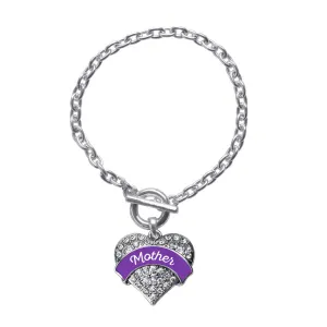 Silver Purple Mother Pave Heart Charm Toggle Bracelet