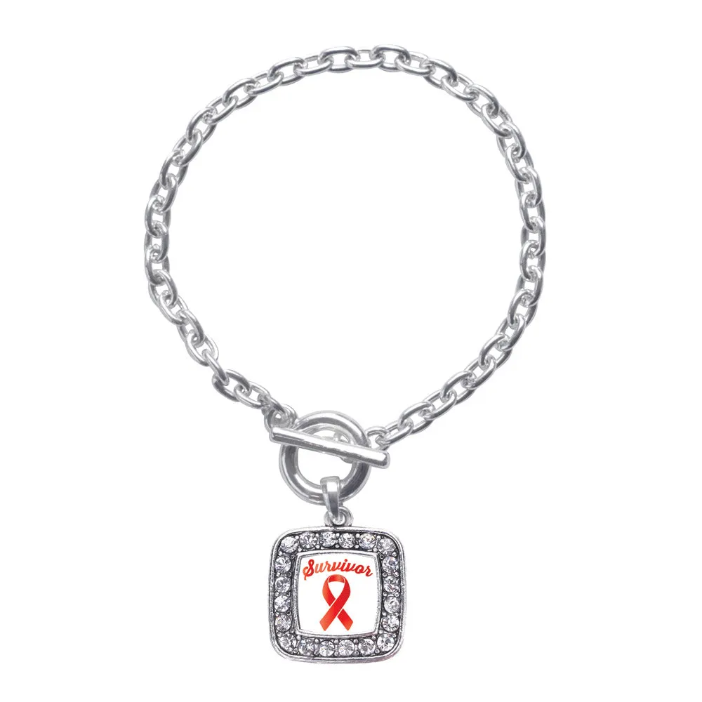 Silver Red Ribbon Survivor Square Charm Toggle Bracelet