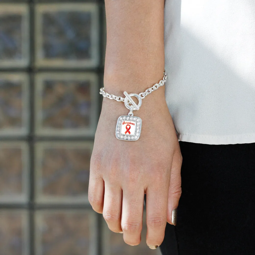 Silver Red Ribbon Survivor Square Charm Toggle Bracelet