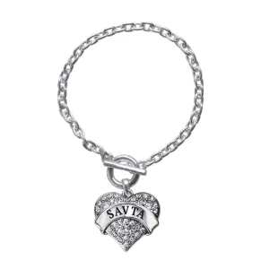 Silver Savta Pave Heart Charm Toggle Bracelet