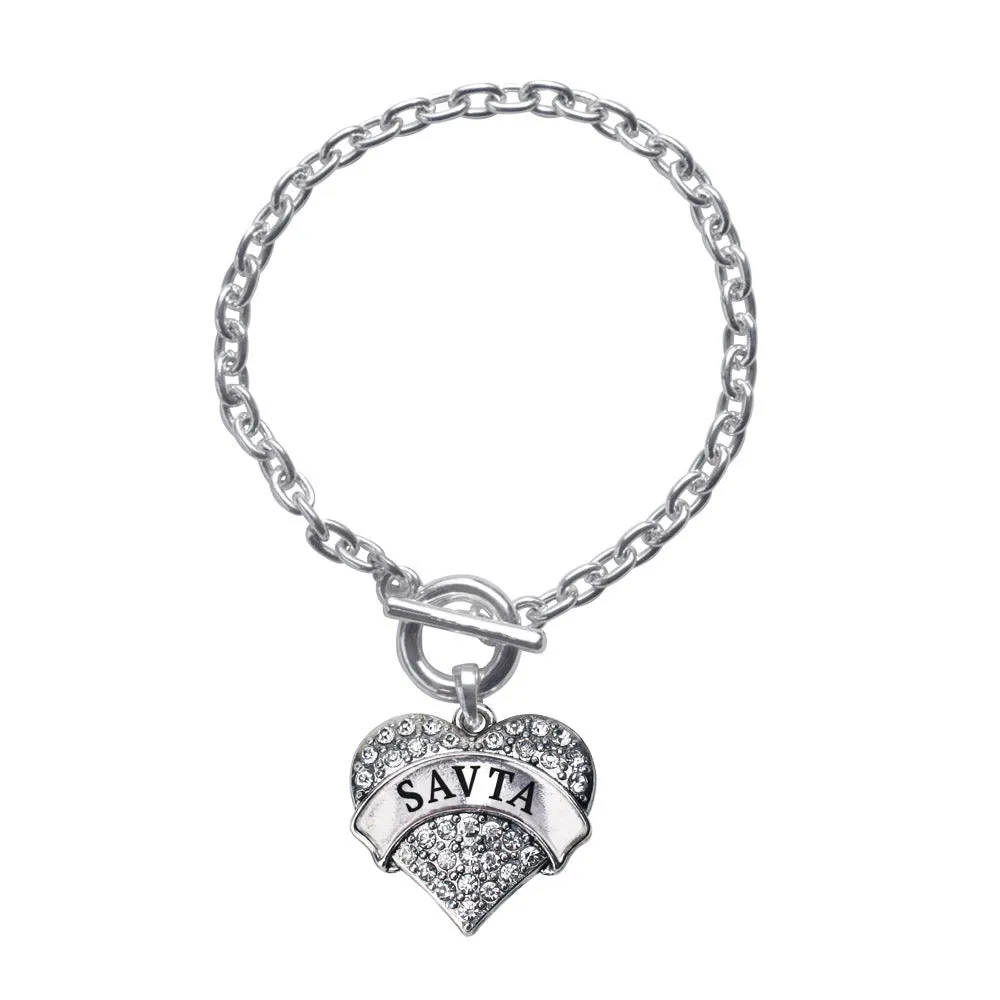 Silver Savta Pave Heart Charm Toggle Bracelet