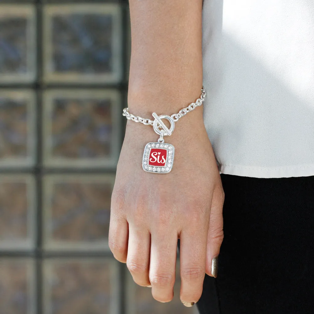 Silver Sis Red Script Square Charm Toggle Bracelet