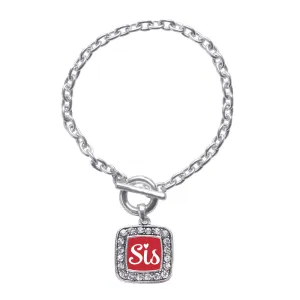 Silver Sis Red Script Square Charm Toggle Bracelet