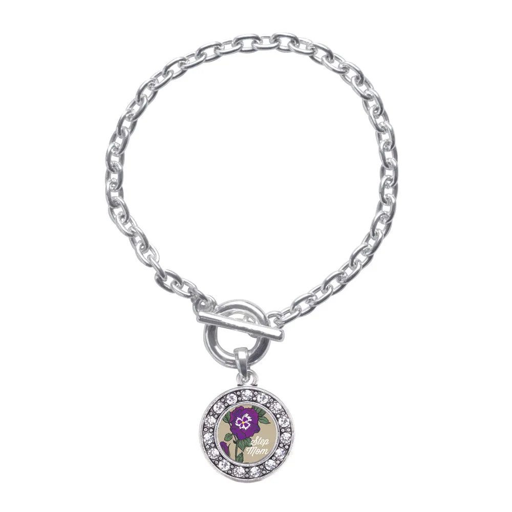 Silver Step Mom Pansy Circle Charm Toggle Bracelet
