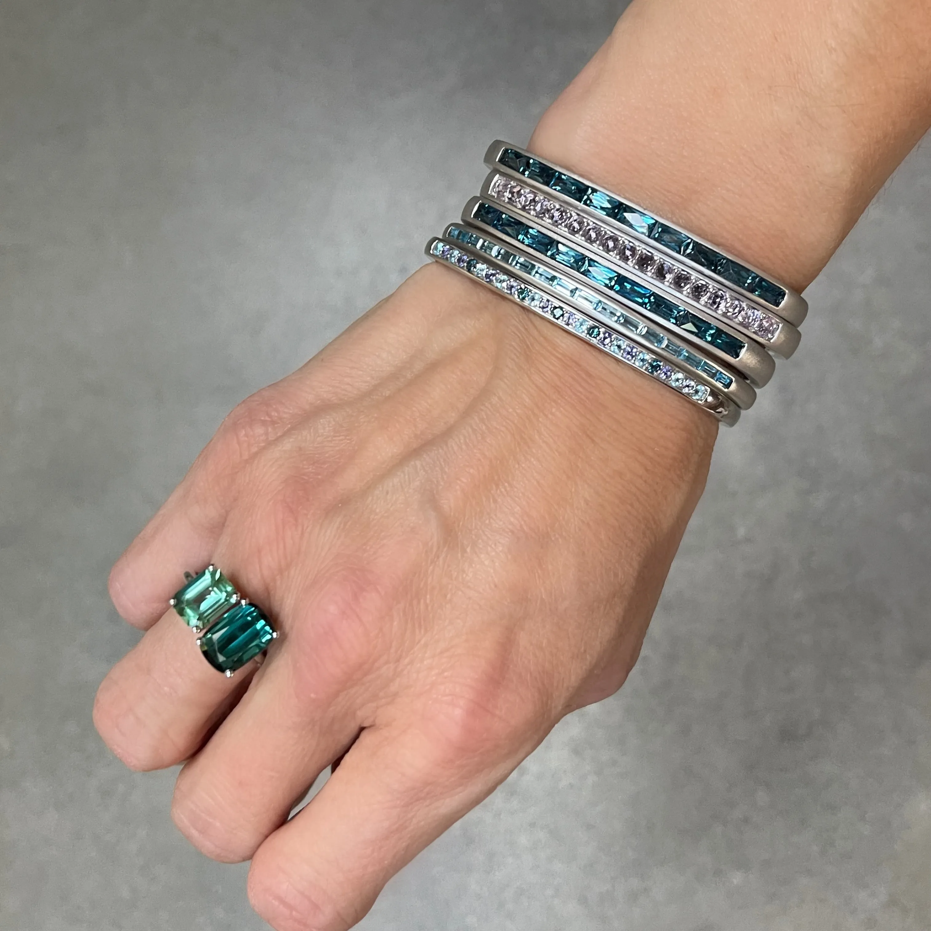 Slim Hinged Rectangular Cuff Bracelet with Blue Topaz & Indicolite Tourmaline