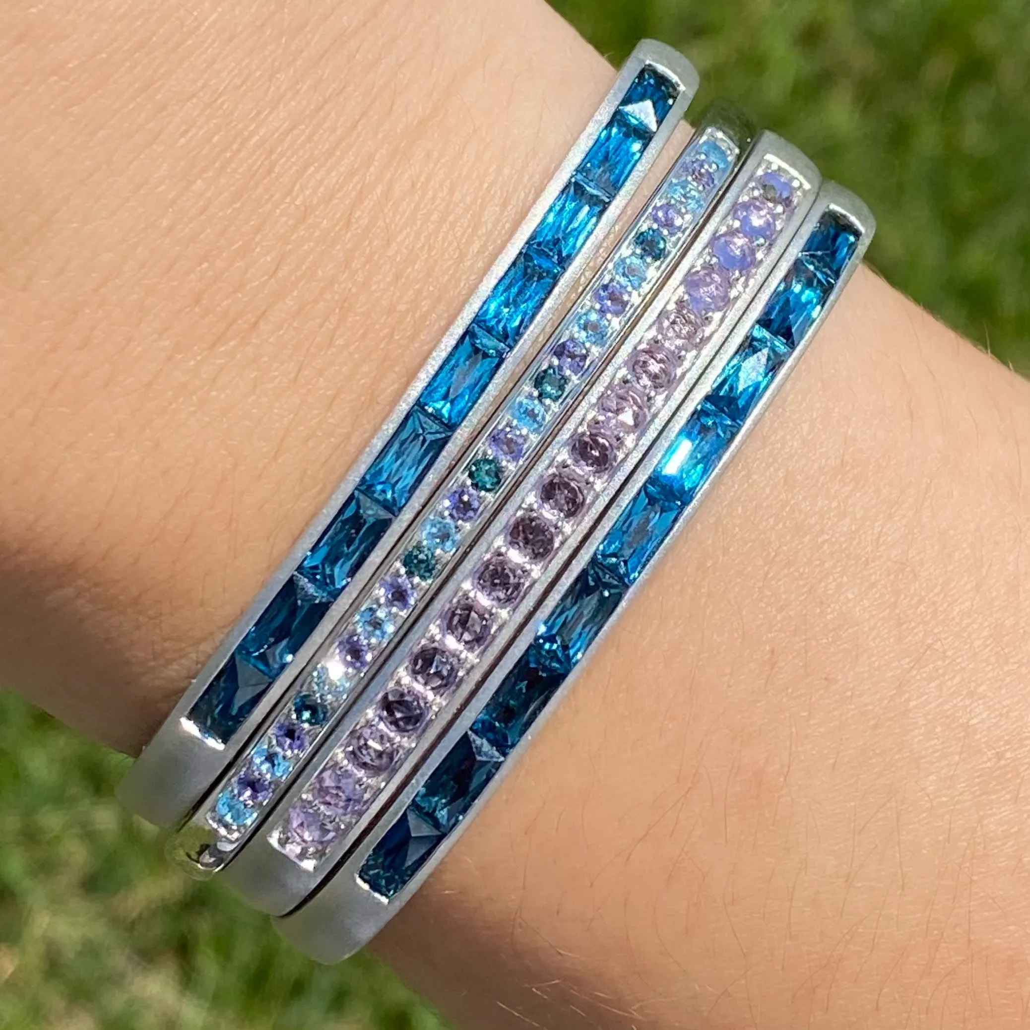 Slim Hinged Rectangular Cuff Bracelet with Blue Topaz & Indicolite Tourmaline