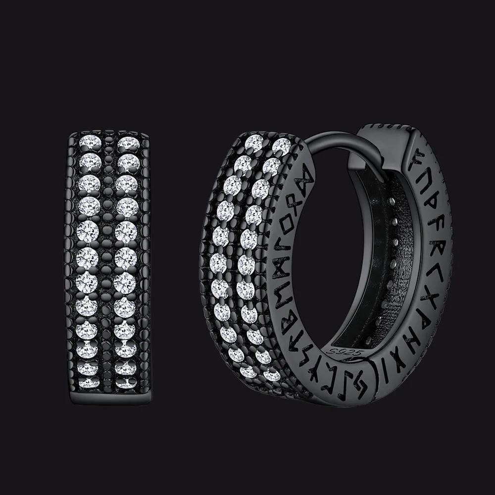 Sterling Silver Cubic Zircon Huggie Hoop Earrings with Viking Runes for Men