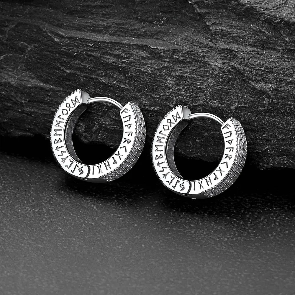 Sterling Silver Cubic Zircon Huggie Hoop Earrings with Viking Runes for Men